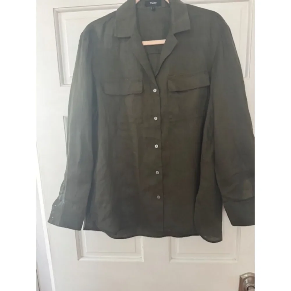 NWOT Theory Notched Collar Relaxed Linen button down shirt, size L - Picture 2 of 7